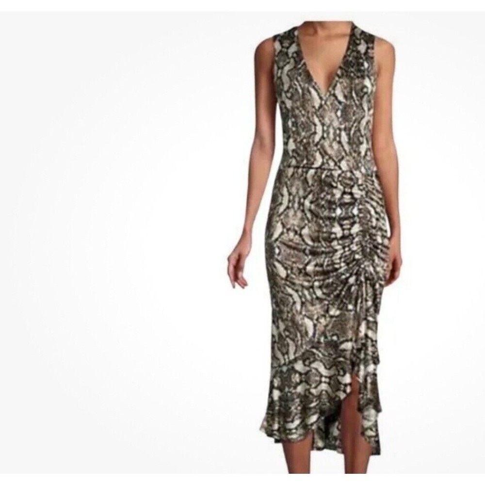 Parker V-neck Ruched Snake Print Midi Cocktail Dress M - Picture 4 of 8